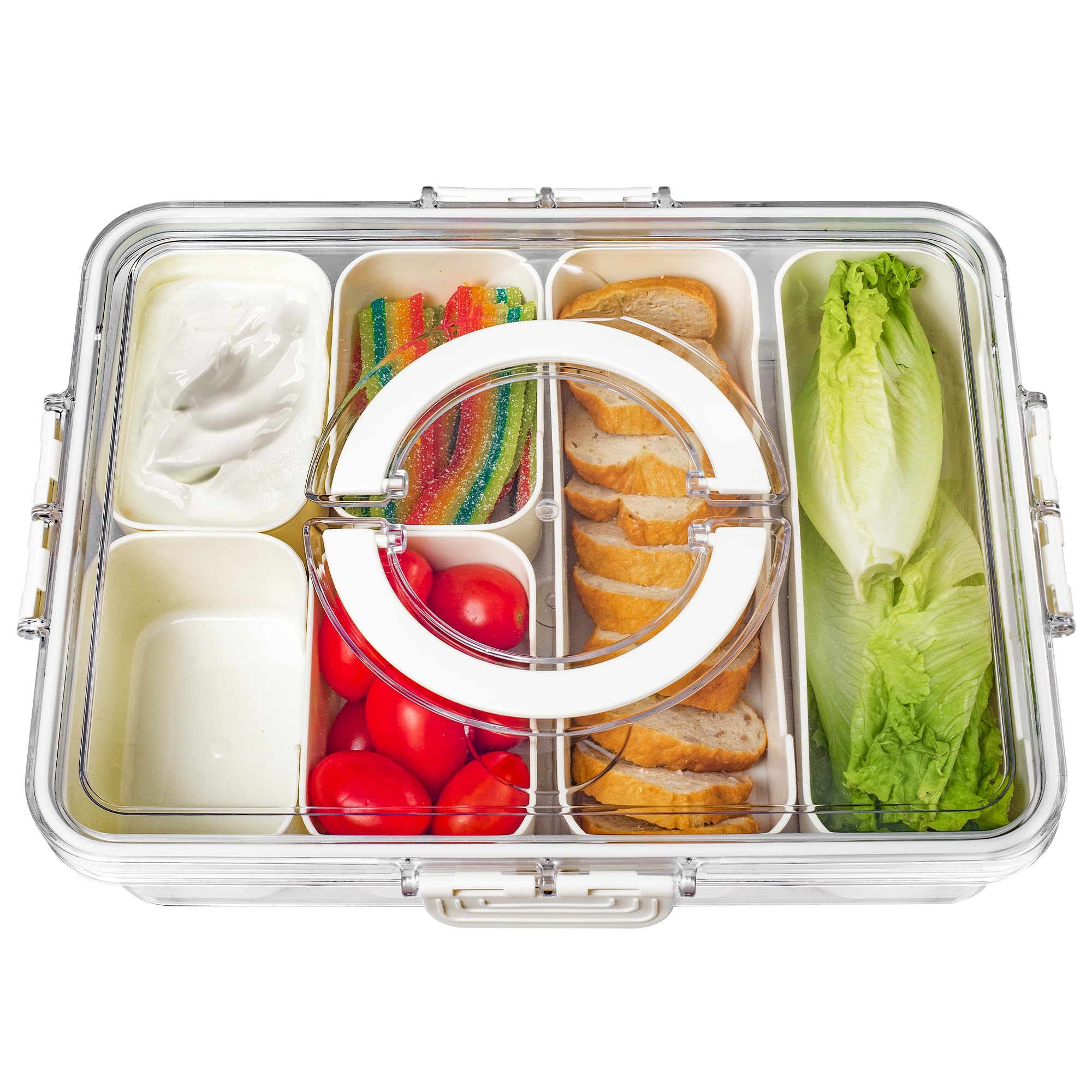 Bandesun Divided Serving Tray with Lid and Handle - Snackle Box Charcuterie Container for Portable Snack Platters - Clear Organizer for Candy, Fruits, Nuts, Snacks - Perfect for Party, Entertaining
